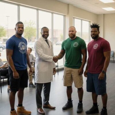 a doctor shaking hands with Muscle 4 Moving crew after a successful office move