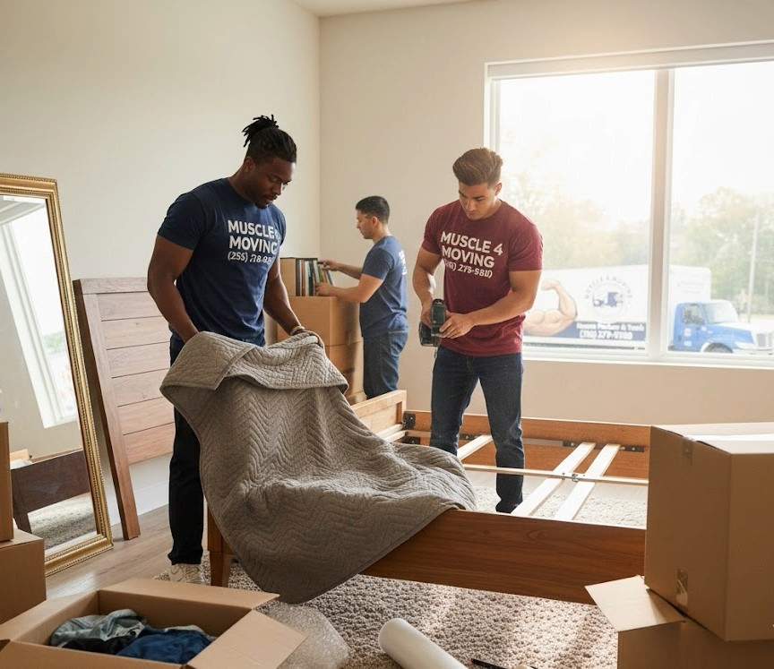 movers working on a bedroom - packing up and disassembling a bed frame during a residential move in Athens AL.