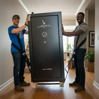 Specialty movers using straps to relocate a heavy gun safe in a house in Owens Cross Roads AL. 35763