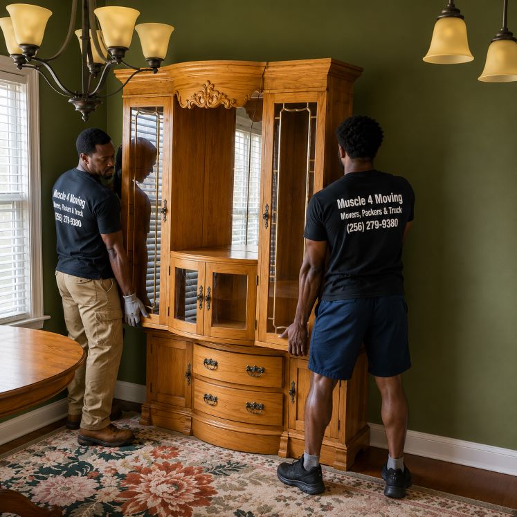 Muscle 4 Moving heavy furniture movers carefully repositioning a large wooden china cabinet inside a home at Mountain Heights in Huntsville AL during a local move