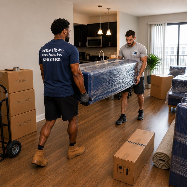 Residential movers from Muscle 4 Moving performing an affordable moving service at FarmHaus by Watermark in Madison, AL, while carrying wrapped furniture through a modern apartment.