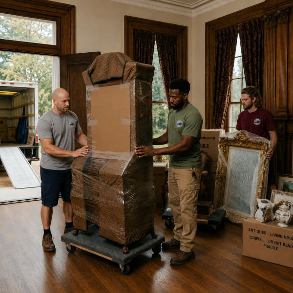 Specialty movers from Muscle 4 Moving carefully protecting antique furniture and other household items before loading them onto a moving truck for local transport at a historic home in the George Houston Historic District of Athens, AL.