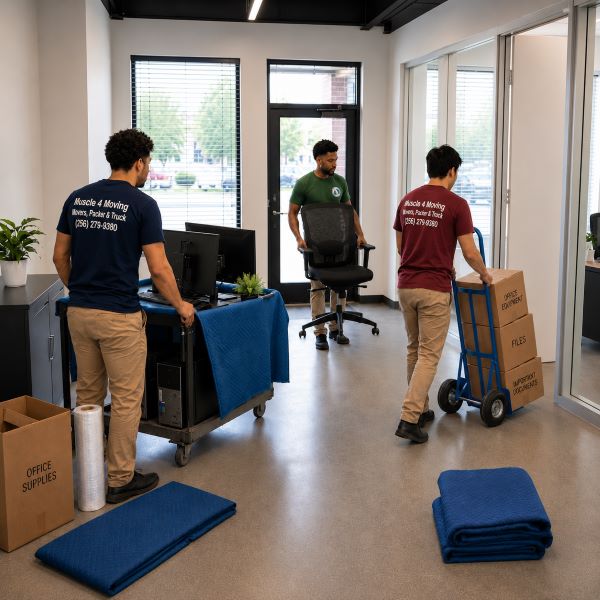 Muscle 4 Moving commercial movers moving office furniture, boxes and equipment at Athens State University Athens AL.