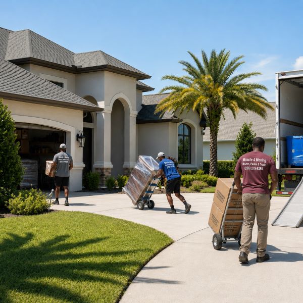 Muscle 4 Moving long-distance movers unloading furniture and other household belongings transported from Athens, AL, into a home in Destin, FL, during an out-of-state residential relocation.