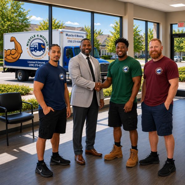 Muscle 4 Moving office movers standing with a business client inside the Airport Office Center lobby in Madison, AL while the company&rsquo;s commercial moving truck is parked outside the entrance.