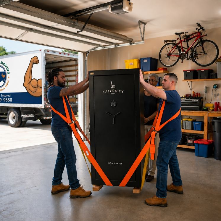 Muscle 4 Moving gun safe movers relocating a Liberty gun safe inside a Cain Park home garage while providing heavy item moving services in Ardmore AL