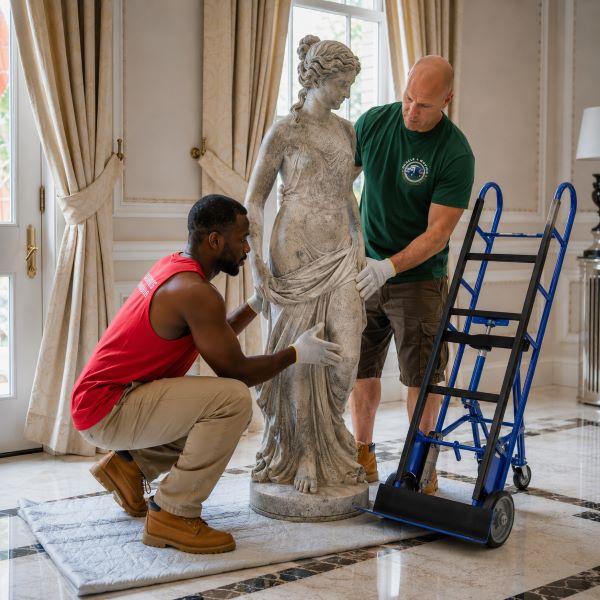 Professional specialty movers from Muscle 4 Moving carefully handling and positioning a heavy classical marble statue inside an elegant luxury home at Inspiration On Green Mountain in Huntsville, AL.