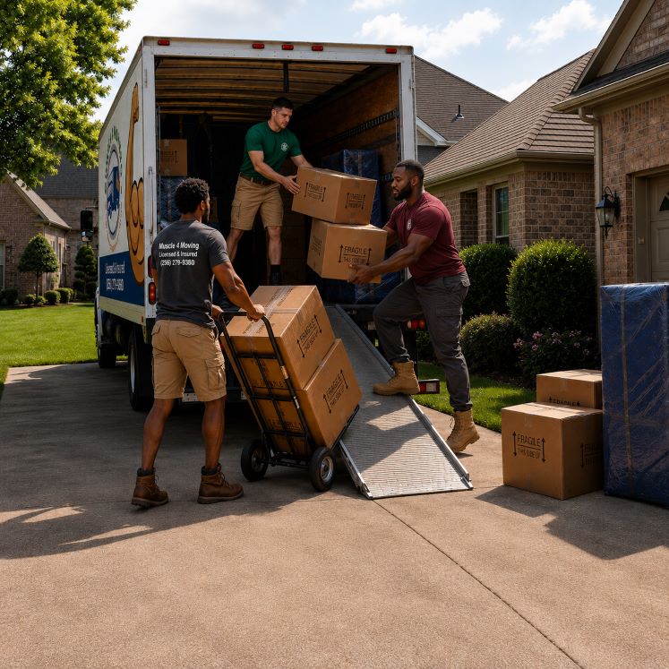 Local movers from Muscle 4 Moving loading boxes and household furniture onto their company moving truck at a home in Longleaf Estates in Decatur AL