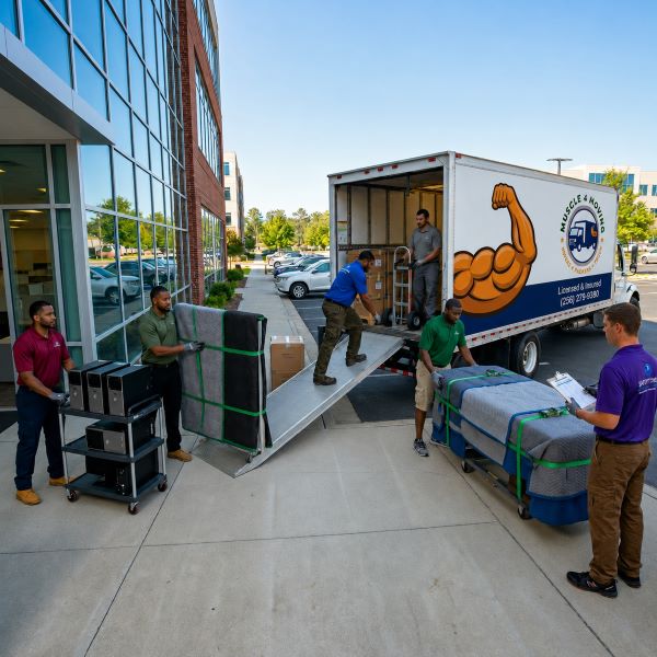Commercial movers from Muscle 4 Moving unloading office furniture, wrapped equipment, and business supplies outside Perimeter Corporate Park in Huntsville AL during a professional office relocation