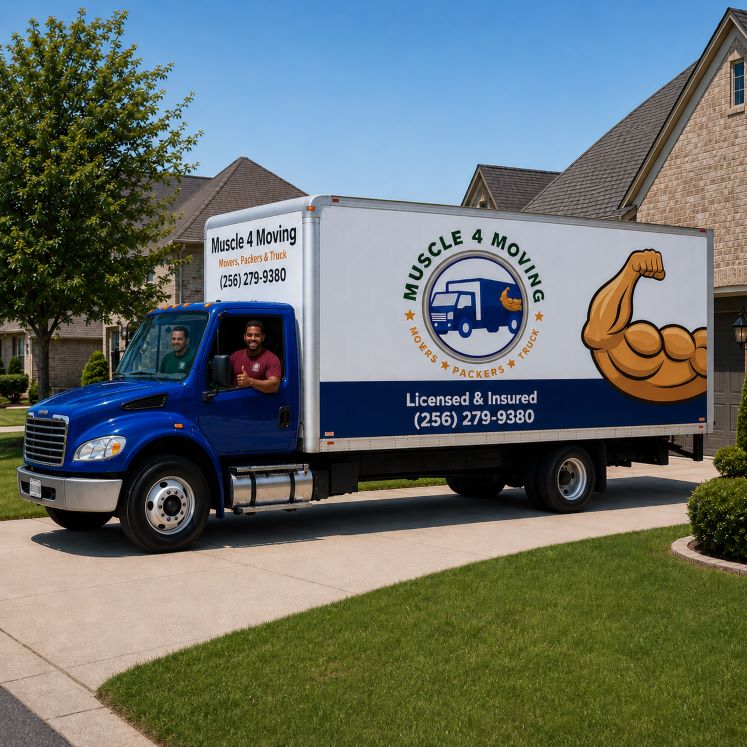 Muscle 4 Moving crew leaving a home at Whitesburg Estates in Huntsville AL in their company moving truck loaded with household items