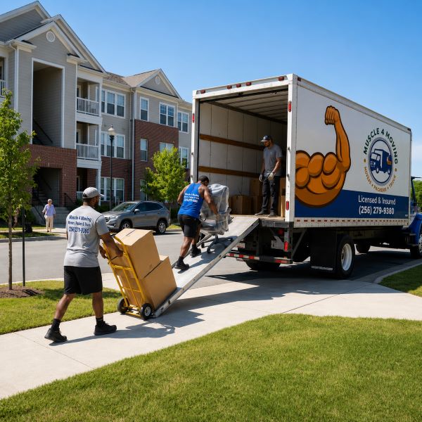 Local movers from Muscle 4 Moving loading furniture and other household belongings onto the moving company truck outside Signature Pointe Apartments in Athens, AL.