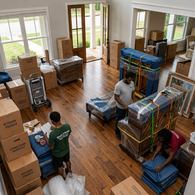 A local moving company crew from Muscle 4 Moving packing, wrapping, and preparing furniture and household items inside a Longleaf Estates home in Decatur AL.