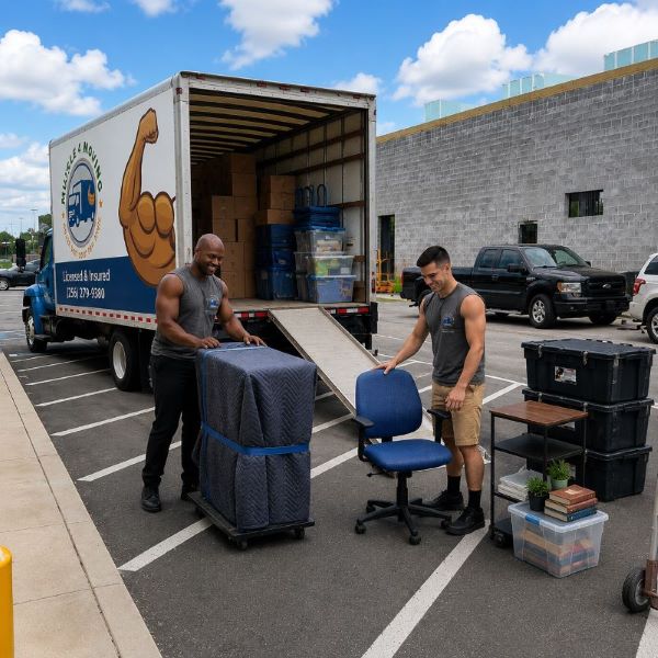 Local moving help from the Muscle 4 Moving crew during the relocation of household items from Store Yours Storage in Harvest, AL, as movers carefully load furniture, boxes, and storage containers into their company moving truck.