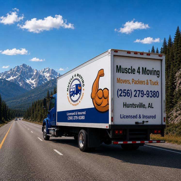 Muscle 4 Moving long distance moving company truck traveling down a mountain highway while providing interstate moving services from Huntsville AL