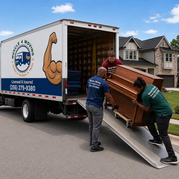 Muscle 4 Moving piano movers carefully loading an upright piano into a company moving as they relocate it from a Heritage Provence residence in Madison AL
