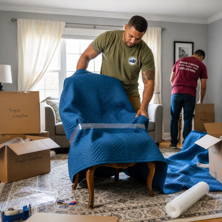 Experienced movers carefully packing and protecting furniture during a residential move provided by the moving company, Muscle 4 Moving, at a home in the Bishop Farms community of Huntsville, AL.