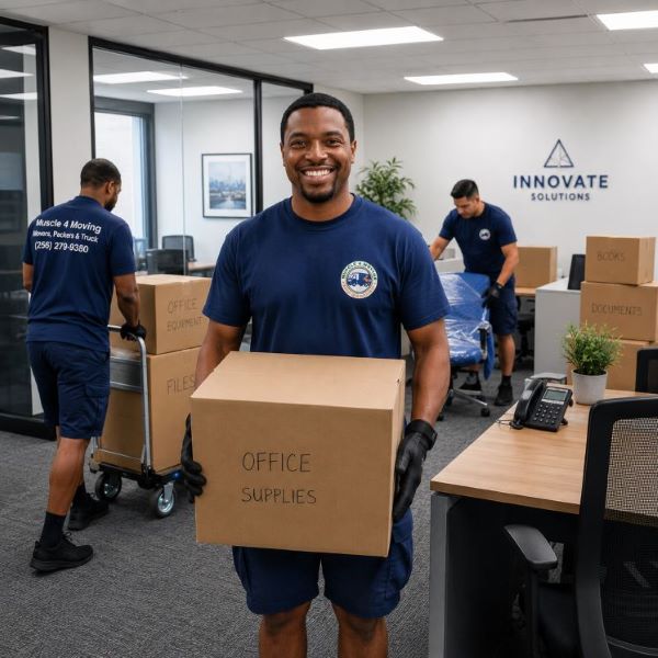 A crew from local moving company in Harvest, AL, Muscle 4 Moving, relocating office supplies, furniture, and business equipment during a commercial office move at Harvest Square.
