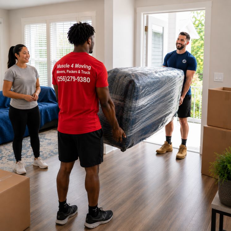 Home movers from Muscle 4 Moving carrying a wrapped couch out of a Plantation Pointe home during a residential move in Madison AL