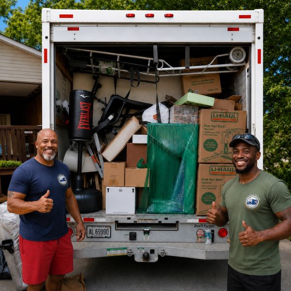 Long-distance movers from Muscle 4 Moving giving a thumbs-up after successfully loading household belongings from a home in the Sunset Cove community of Huntsville, AL, into a fully packed moving truck for cross-country transportation.