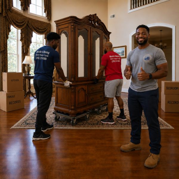 Professional movers from Muscle 4 Moving carefully handling a heavy antique china cabinet on dollies while conducting a full packing and moving service inside a luxury home in the Hillchase subdivision of Madison, AL.