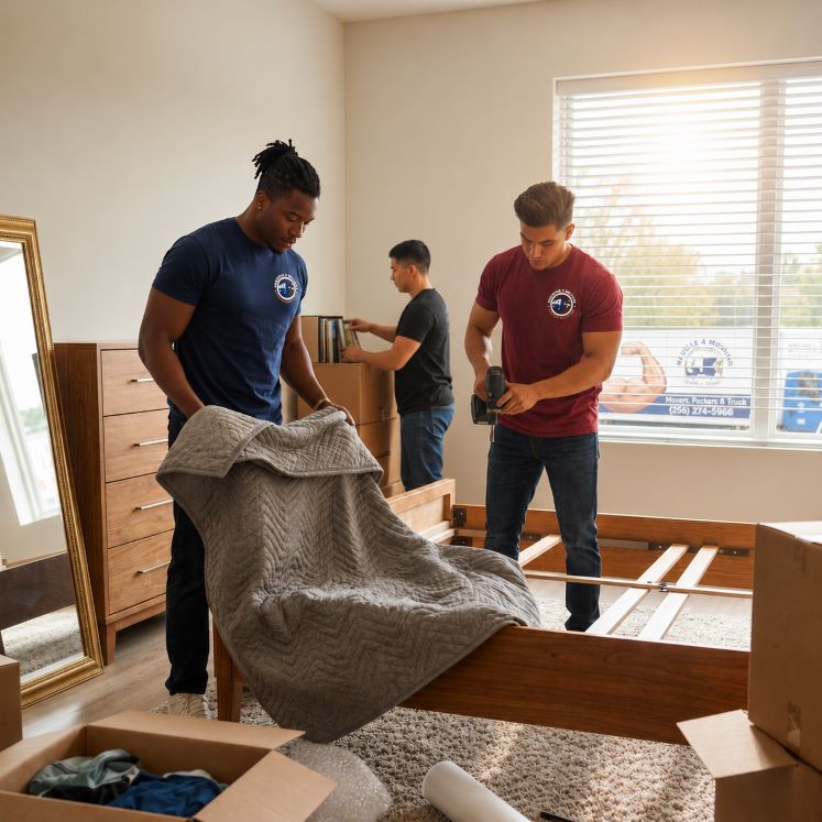 Muscle 4 Moving movers providing packing service and furniture disassembly inside a home during a residential move in Holland East Athens AL