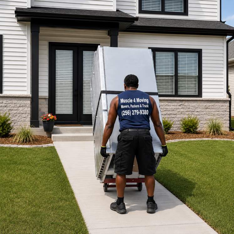 Professional appliance movers from Muscle 4 Moving moving a kitchen refrigerator on a heavy-duty dolly out of a Parallel 36 at Liberty home in Athens AL