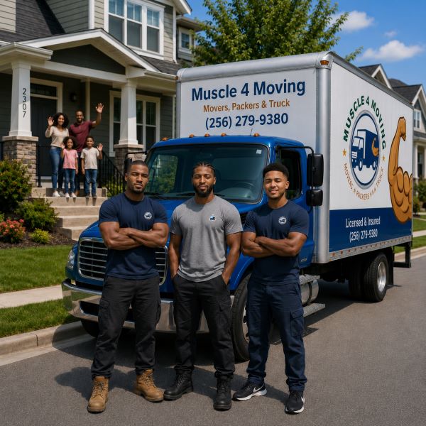 Professional residential movers from Muscle 4 Moving standing in front of a moving truck outside a home in the Village of Providence in Huntsville AL after completing a household moving service.