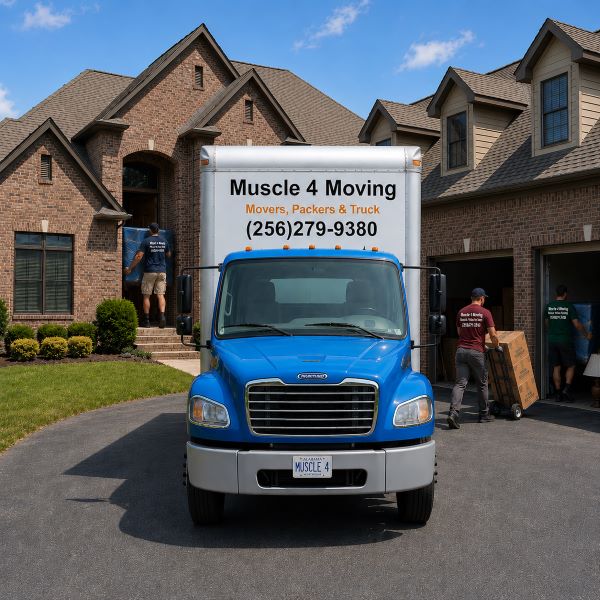 A crew from residential moving company, Muscle 4 Moving, carrying furniture, boxes, and household items into a McMullen Cove home while providing residential moving services in Brownsboro AL.