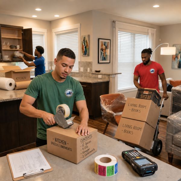 Residential moving company, Muscle 4 Moving crew, carefully packing kitchen items, labeling boxes, and preparing household furniture for a full-service relocation from a home in the Boardwalk community of Athens, AL.