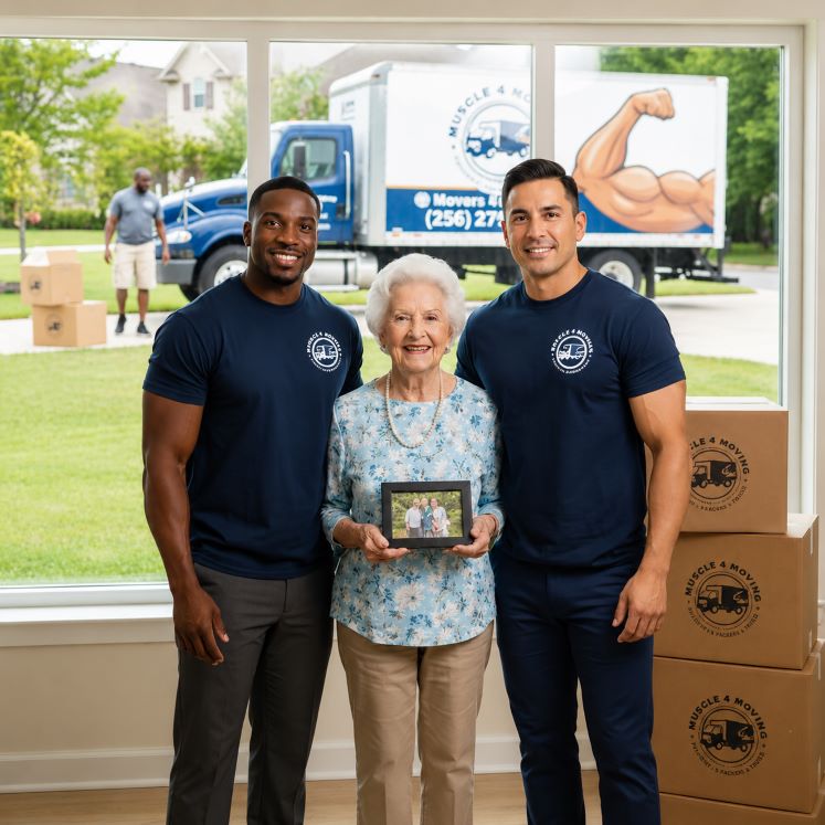 Two Muscle 4 Moving senior movers standing with a happy elderly customer at The Residences at Wellpoint after helping her move in Owens Cross Roads AL
