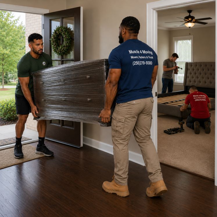 Muscle 4 Moving residential movers carefully carrying a wrapped dresser into a home while other crew members assemble a bed frame at a Briercreek home in Meridianville AL