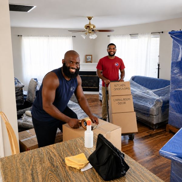 Muscle 4 Moving crew preparing household belongings for an out-of-state relocation with wrapped furniture and labeled moving boxes inside a home near Burwell Gardens in Harvest, AL.