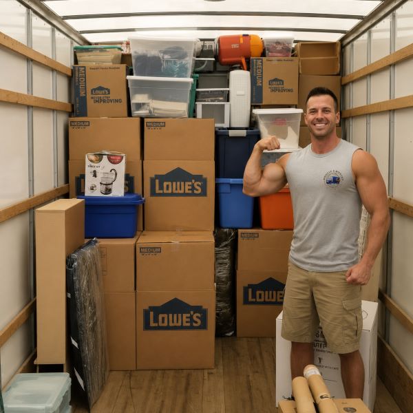 Local moving service by Muscle 4 Moving, with a mover posing inside a moving truck while loading household belongings for a residential relocation at Parker Place neighborhood in Ardmore, AL.