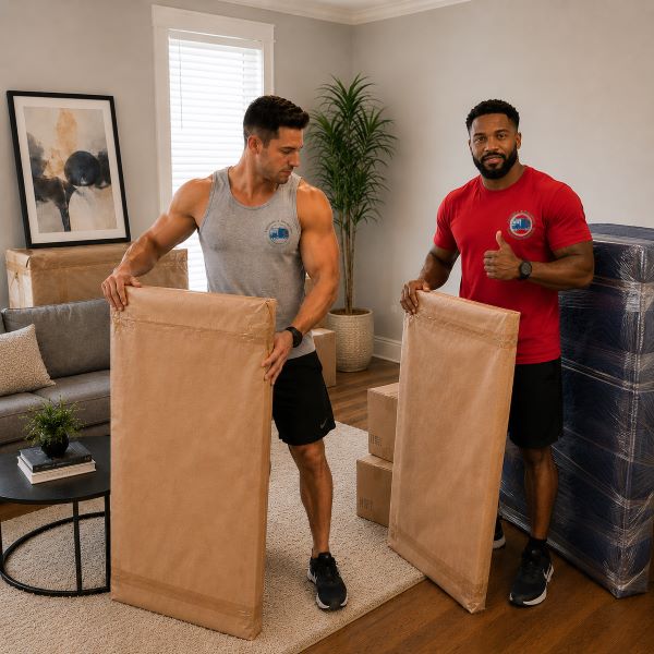 Muscle 4 Moving movers providing residential moving services by wrapping framed artwork and household furniture while packing for a home relocation in the Lake Morgan community of Decatur, AL.