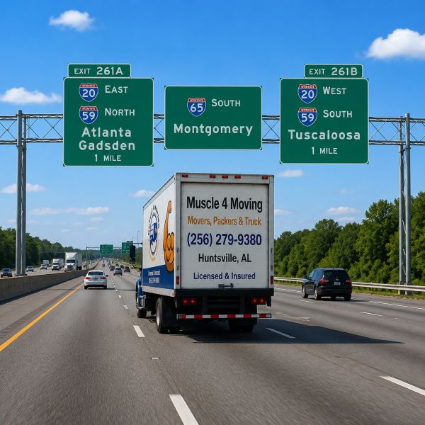 Muscle 4 Moving providing professional long-distance moving service from North Alabama with a company truck traveling on the interstate toward an out-of-state destination.