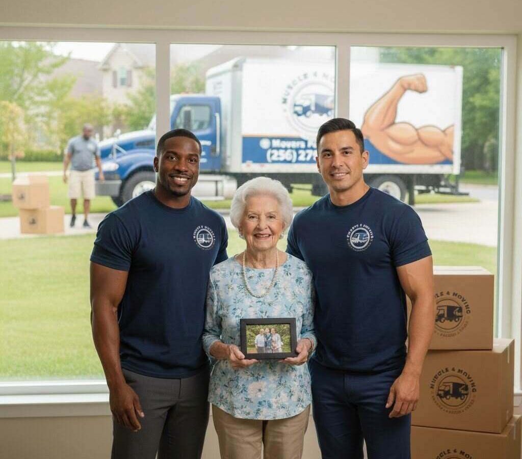 Two friendly senior movers from Muscle 4 Moving team standing with a happy senior customer.