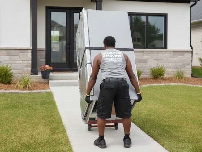 Muscle 4 Moving crew members moving a refrigerator on a dolly toward the front entrance of a home in New Market AL.