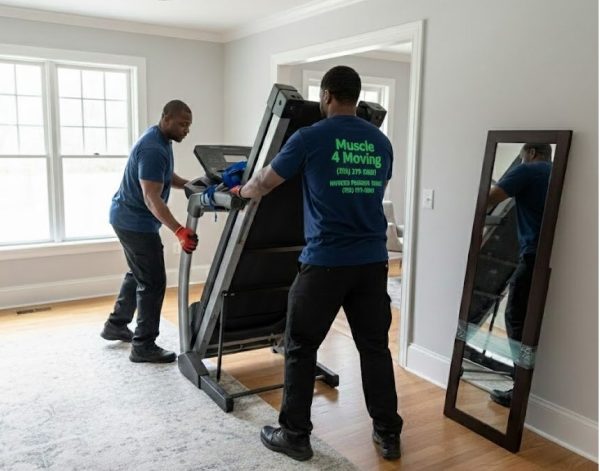 Two Muscle 4 Moving crew members maneuvering a large treadmill inside a home.in Decatur AL