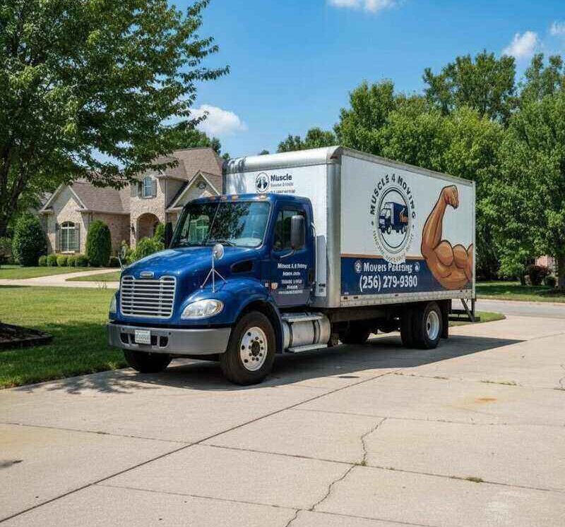 Muscle 4 Moving company truck parked in front of a home.