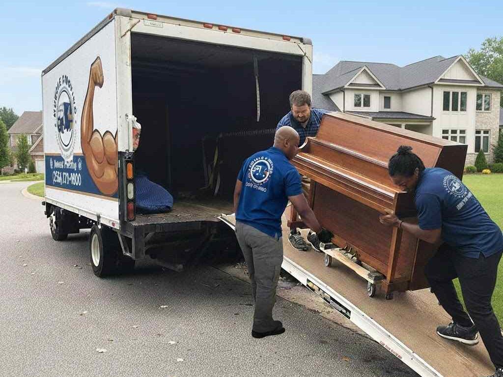 Muscle 4 Moving team members loading an upright piano onto a truck in Guntersville AL. 35976