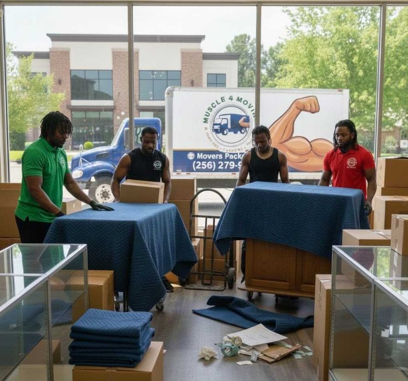 Retail store movers wrapping cabinets and packing boxes during a commercial move.